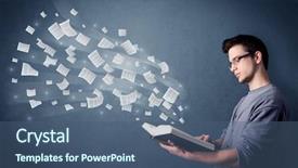  Presentation with book turning pages - Amazing PPT theme having holding book with pages flying backdrop and a  colored foreground