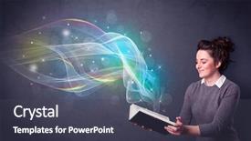  Presentation with e book reader - Slides consisting of holding book with rainbow wave background and a dark gray colored foreground