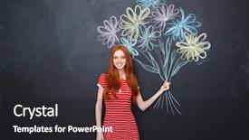  Presentation with young business woman smile show - Amazing PPT theme having holding bouquet of drawn flower backdrop and a dark gray colored foreground
