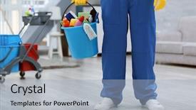  Presentation with holding bucket while water droplet - Theme having holding bucket with cleaning equipment background and a  colored foreground