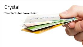  Presentation with business card - Colorful PPT layouts enhanced with holding business finance credit card backdrop and a white colored foreground