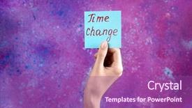  Presentation with female - Slide deck featuring holding card with text time background and a violet colored foreground
