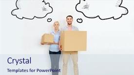  Presentation with real estate lending - Presentation design enhanced with holding cardboard boxes and moving background and a sky blue colored foreground