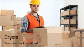  Presentation with warehouse cartoon - Theme enhanced with holding cartoon box at warehouse background and a coral colored foreground