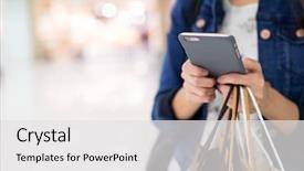  Presentation with paper bag - Cool new PPT theme with holding cellphone and paper bag backdrop and a white colored foreground