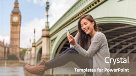  Presentation with sms - Presentation theme consisting of holding cellphone at westminster bridge background and a violet colored foreground