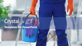  Presentation with cleaning - Colorful presentation design enhanced with holding cleaning products and tools on bucket close up backdrop and a ocean colored foreground