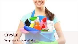  Presentation with lectures tools - PPT theme featuring holding cleaning tools and products background and a sky blue colored foreground