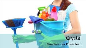  Presentation with set of construction tools tool - Audience pleasing presentation theme consisting of holding cleaning tools and products backdrop and a light blue colored foreground