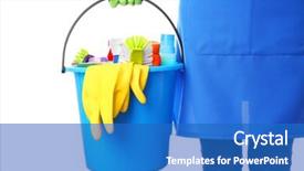  Presentation with tools - Audience pleasing slide deck consisting of holding cleaning tools and products backdrop and a  colored foreground