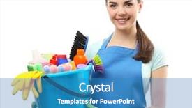  Presentation with cleaning - Audience pleasing PPT theme consisting of holding cleaning tools and products backdrop and a teal colored foreground