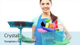  Presentation with tool belt tools - Theme enhanced with holding cleaning tools and products background and a light blue colored foreground