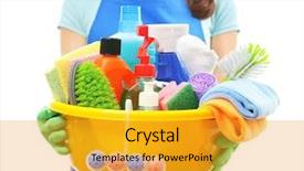  Presentation with tools - Colorful slide deck enhanced with holding cleaning tools and products backdrop and a gold colored foreground