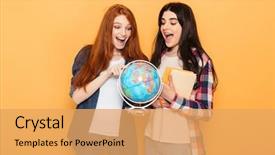  Presentation with young children at school - Presentation design consisting of holding copybooks and earth globe background and a yellow colored foreground