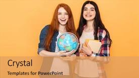  Presentation with young children at school - Presentation design consisting of holding copybooks and earth globe background and a yellow colored foreground