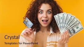  Presentation with credit card - PPT theme consisting of holding credit card and money background and a  colored foreground