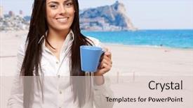 Presentation with girl - Beautiful presentation design featuring holding cup against a beach backdrop and a  colored foreground