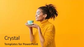  Presentation with arabian woman wearing hijab muslim - Slide set with beverage - cheerful african woman wearing sweater background and a gold colored foreground