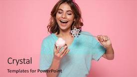  Presentation with magic wand - PPT layouts enhanced with pixies - close-up photo of happy brunette background and a coral colored foreground