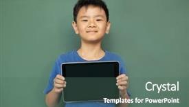  Presentation with school elementary - Slide deck with holding digital table against greenboard background and a ocean colored foreground