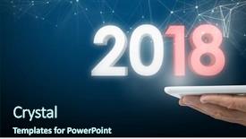  Presentation with trophy award hand holding - PPT theme with holding digital tablet against blue background and a navy blue colored foreground