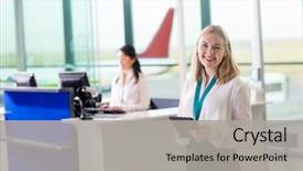  Presentation with staff - Audience pleasing PPT theme consisting of holding digital tablet at airport backdrop and a light gray colored foreground