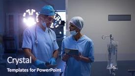  Presentation with healthcare workers - Presentation design enhanced with holding digital tablet at hospital background and a ocean colored foreground