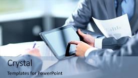  Presentation with meeting - Audience pleasing slides consisting of holding digital tablet at meeting backdrop and a light blue colored foreground