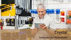  Presentation with digital technology and urbanization - Theme with holding digital tablet in hardware background and a coral colored foreground