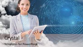  Presentation with coding binary code blue polygonal - Slides consisting of holding digital tablet with binary background and a soft green colored foreground