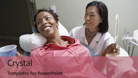  Presentation with african american patient - Presentation theme enhanced with holding disposable cup while dentist background and a coral colored foreground