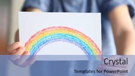  Presentation with child adoption - PPT theme consisting of holding drawing of colorful rainbow background and a light blue colored foreground