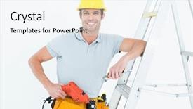  Presentation with step - Slides having holding drill machine while leaning background and a sky blue colored foreground