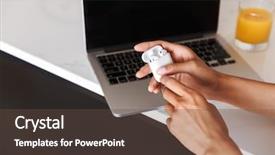  Presentation with laptop computers around the world backgroun - Slide deck enhanced with holding earphones in white case background and a tawny brown colored foreground