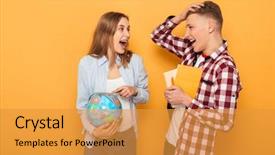  Presentation with middle school teens leisure activities - Presentation theme featuring holding earth globe and books background and a gold colored foreground