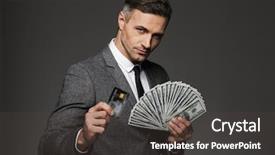  Presentation with rich man - Presentation theme with holding fan of dollar cash background and a dark gray colored foreground