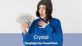  Presentation with portrait of excited overjoyed female - Presentation theme consisting of holding fan of dollar money background and a  colored foreground