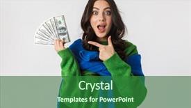  Presentation with portrait of excited overjoyed female - PPT theme featuring holding fan of dollar money background and a  colored foreground