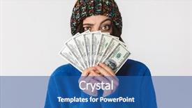  Presentation with arabian woman wearing hijab muslim - Presentation enhanced with holding fan of dollar money background and a ocean colored foreground