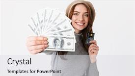  Presentation with cheerful - Presentation theme featuring holding fan of dollar money background and a light gray colored foreground