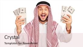  Presentation with arab - Beautiful slide deck featuring holding few stacks of money backdrop and a coral colored foreground