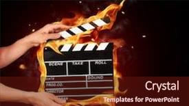  Presentation with holding hands - Presentation enhanced with holding film clapper in fire background and a wine colored foreground