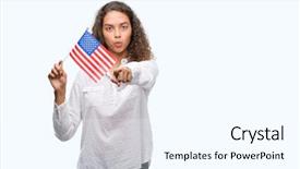  Presentation with confident young hispanic woman - Colorful PPT theme enhanced with holding flag of united estates backdrop and a  colored foreground