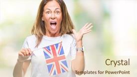  Presentation with woman hands raised to sky - PPT layouts having holding flag of united kingdom background and a cream colored foreground