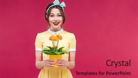  Presentation with flower woman - Cool new slide set with holding flower in pot backdrop and a red colored foreground