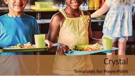  Presentation with classmates - Colorful presentation design enhanced with holding food tray in canteen backdrop and a red colored foreground