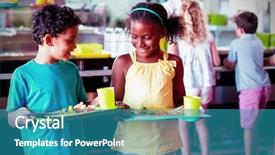  Presentation with school children - Presentation design featuring holding food tray in canteen background and a teal colored foreground