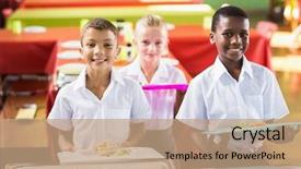  Presentation with school cafeteria - Slide deck consisting of holding food tray in school background and a coral colored foreground