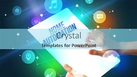  Presentation with home automation - PPT theme featuring holding-futuristic-tablet-with-home background and a arctic colored foreground