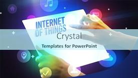  Presentation with new technology - PPT theme featuring holding-futuristic-tablet-with-internet background and a cool aqua colored foreground